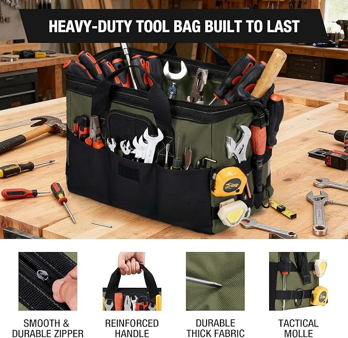 HISEA 3 Pack Heavy Duty Tool Bag with Storage Pockets, 16-Inch Tools Organizer Tote with Wide Base, Waterproof Durable Tool Bags with Zipper for Electrician, Tradesman (Red, Blue, Geen)