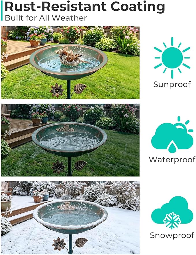 Metal Bird Bath for Outside, 13" Diameter Bird Bath with Removable Bowl, Heavy Duty 5-Prong Stake Base, Freestanding Outdoor Birdbath for Garden Patio Yard (Verdigris Butterfly & Sunflower)