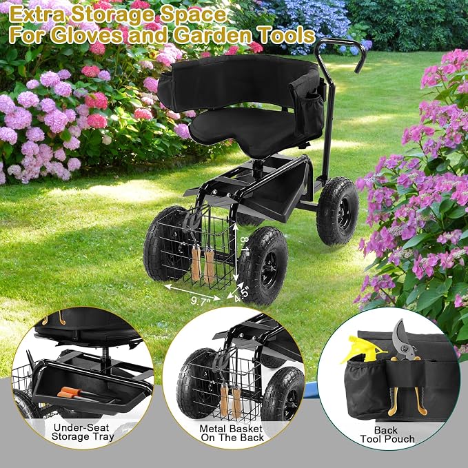 VINGLI Garden Cart with Soft Rolling Seat, Wheels, Adjustable Steering Handle & Utility Tool Tray, Planting Wagon Scooter, Gardening Tool for Senior, for Patio, Backyard, Lawn & Outdoor (Black)