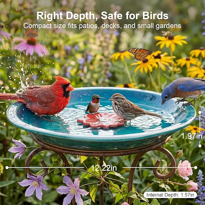 Topadorn 12.2'' Ceramic Birdbath & Birdfeeder for Small Birds Outdoors, 2" Depth Bird Bath Bowl for Vintage Garden Patio Yard Lawn Decor, Blue with Red Flower