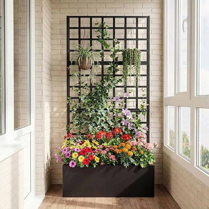 Giantex Metal Raised Garden Bed with Trellis, 71"x36"x16" Galvanized Planter Box w/Drainage Holes for Climbing Plants Vegetables Flowers, Outdoor Privacy Screen for Patio Backyard Balcony