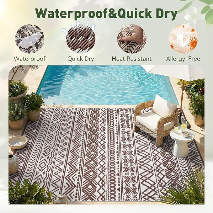 MontVoo Outdoor Rug 8x10 Waterproof Outdoor Patio Rug Mat Reverisble Plastic Straw Outdoor Rug for RV Camping Picnic Beach Balcony Boho Beige Brown