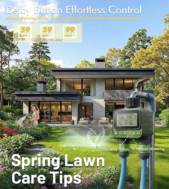 Smart Sprinkler Timer with Remote, 8-Zone Programmable Dual Outlet Watering timers, IP65 Waterproof Automatic/Manual Hose Timer with Child Lock for Lawn, Yard, Garden, and Pool (Twin)