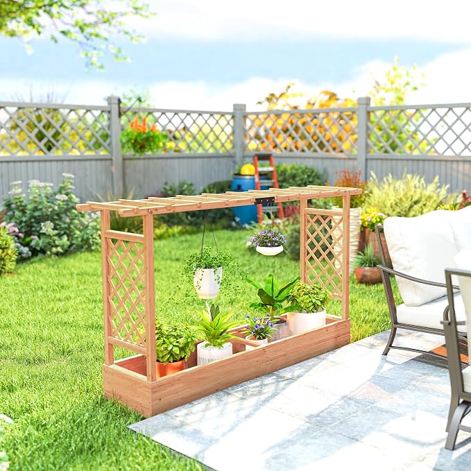 Outsunny Raised Garden Bed with Trellis, Wooden Planter Box with Drainage Holes and Hanging Roof, Outdoor Flowers Box for Herbs, Vegetables, Climbing Plants, 78.7" x 17.3" x 44.7"