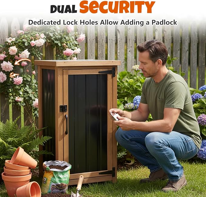 Outdoor Storage Cabinet Waterproof with Metal Top, Multi-Purpose Wood & Metal Potting Bench Tool Organizer with Adjustable Shelf, Garden Storage Box for Patio Backyard
