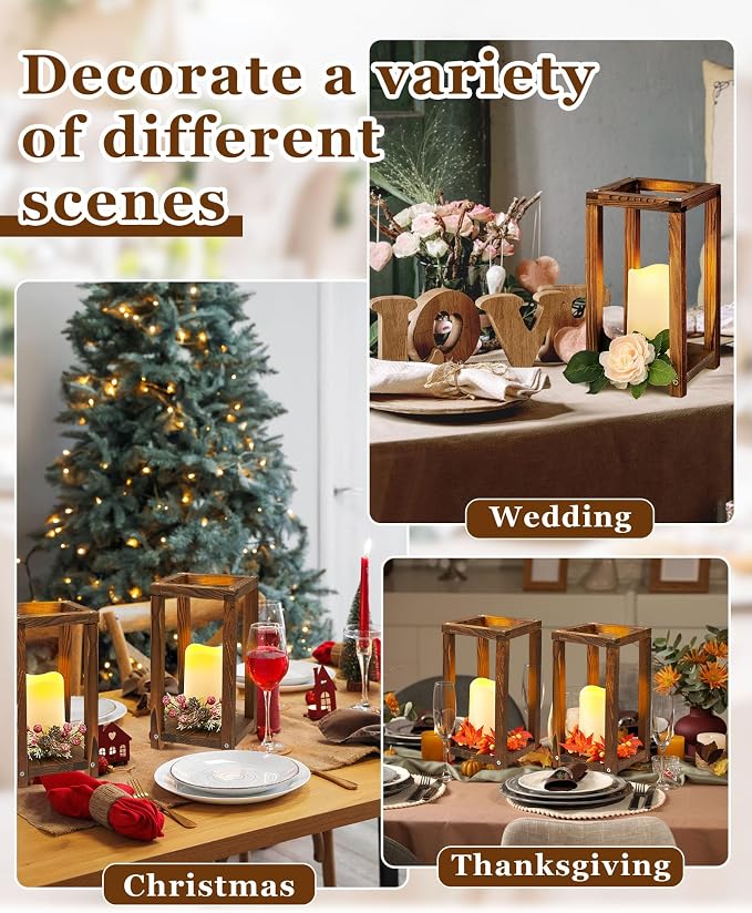 Huquary 16 Pcs Wooden Wedding Lantern Centerpiece Includes 8 Rustic Wooden Lantern Centerpiece and 8 Flameless Candle Holder for Farmhouse Rustic Table Decorations Party Gift(Brown)