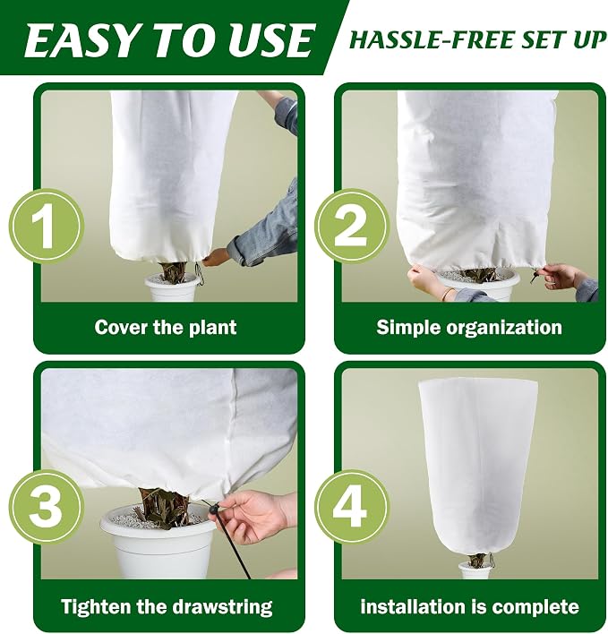 Alpurple 3 Packs Winter Drawstring Plant Covers - 47" X 31.5" Warm Plant Protection Cover Bags, Frost Cloth Blanket Protecting Fruit Tree Potted Plants from Freezing Animals Eating