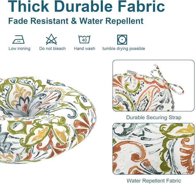 DYTXIII Set of 2 Outdoor Round Chair Cushions 15"x15"x4" with Ties, Water Repellent Tufted Bistro Seat Cushions, Thick Patio Chair Pads for Bar Stool, Garden & Dining Furniture - Paisley Botanical