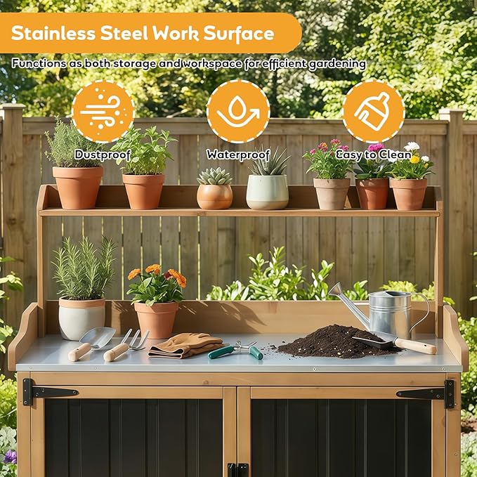 Outdoor Potting Bench with Storage, Outdoor Garden Work Table & Storage Cabinet with Adjustable Shelves, Lockable Wheels, Waterproof Metal Top Workstation for Potting, Gardening, Backyard, Patio