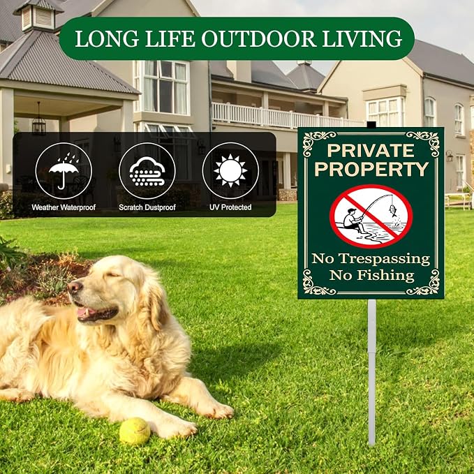 Private Property No Trespassing No Fishing Yard Sign With Stakes Do Not Fish Signs Reflective Rustproof Aluminium Pool Lake Stake Outdoor 8X12 IN