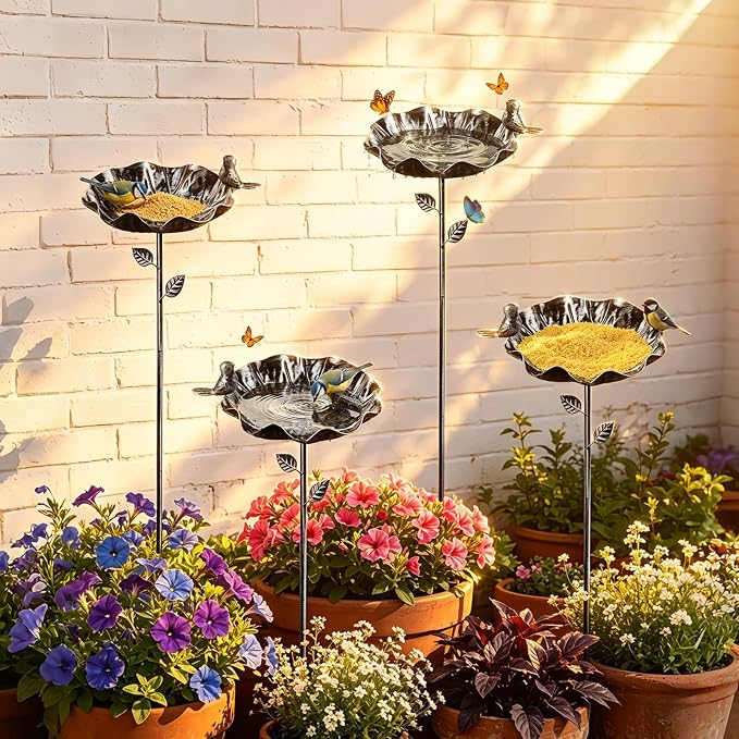 Bird Bath for Outside, 28 Inches Metal Bird Feeders for Outdoors, Bird Water Bowl & Hummingbird Feeders, Antique Garden Decorative Stakes for Yard Lawn Decor, 2 PCS, Silver