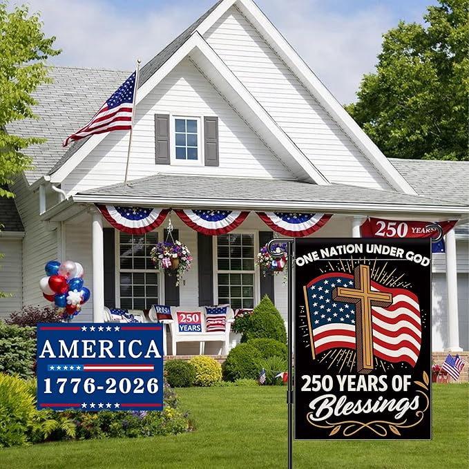Blessings 250 Years America Garden Flag, 250 Anniversary USA Flag America Patriotic Banner 250 Year One Nation Under God 4th of July Double-Sided Waterproof 1776-2026 Commemorative Flag 12x18 Inch
