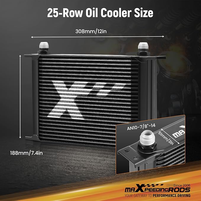 maXpeedingrods 25 Row Engine Oil Cooler Kit, 10AN Transmission Engine Cooler British Radiator Universal Aluminium Black, Thermostatic Oil Filter Sandwich Adapter, Air Guide Kit and Oil Cooler Hoses