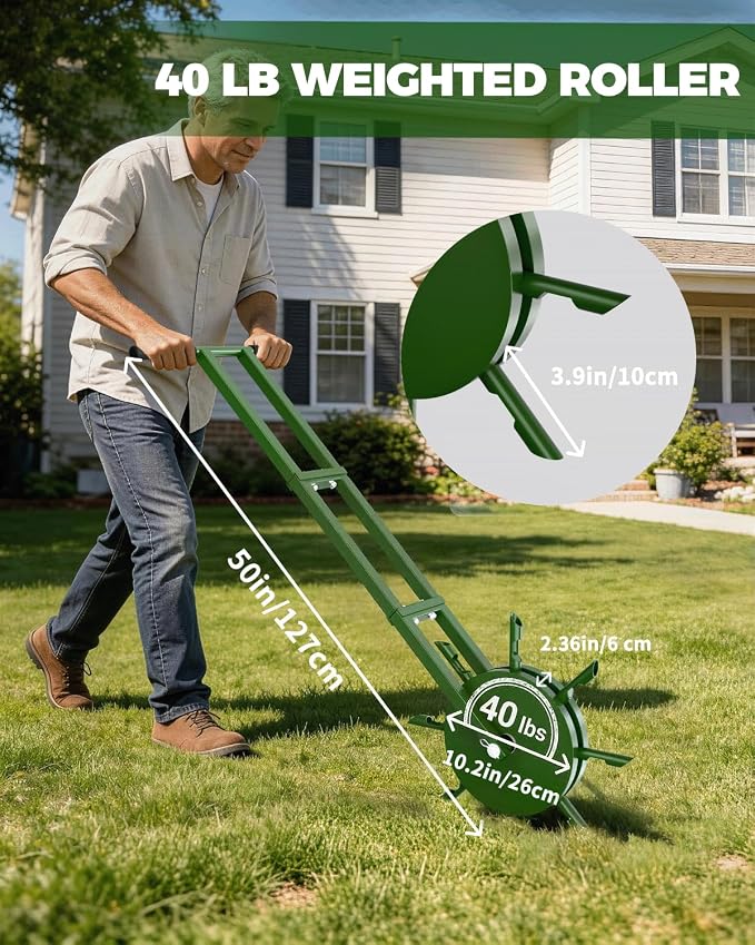 Core Rolling Lawn Aerator with Hollow Tines, Heavy-Duty Manual Yard Tool | Heavy-Duty Manual Rolling Core Aerator With Hollow Tines for Compacted Soil, Seasonal Lawn Care, Yards, And Gardens