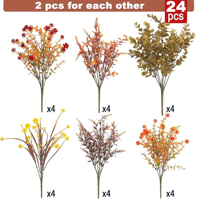 Hananona 24 Pcs Artificial Fall Flowers Outdoor, Faux Artificial Plants UV Resistant Plastic Autumn Flower for Hanging Planter Front Door Porch Window Home Decor (24, Orange)