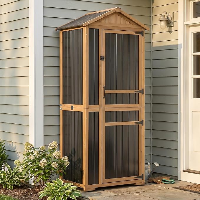 Outdoor Storage Cabinet with Lockable Doors, Wood & Metal Garden Shed, Weatherproof Patio Storage with Adjustable Shelf for Tools, Patio & Backyard Organizer