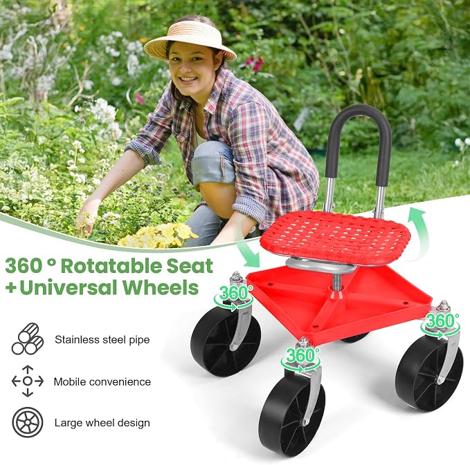 Height Adjustable Rolling Garden Seat with Tool Tray - 360° Swivel Stool on Wheels, Mobile Gardening Cart for Seniors & Elderly Gardeners (Red)