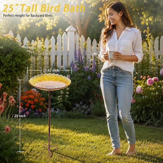 MUMTOP Glass Bird Bath, Garden Outdoor Birdbaths Birdfeeder with Metal Stake, Yellow