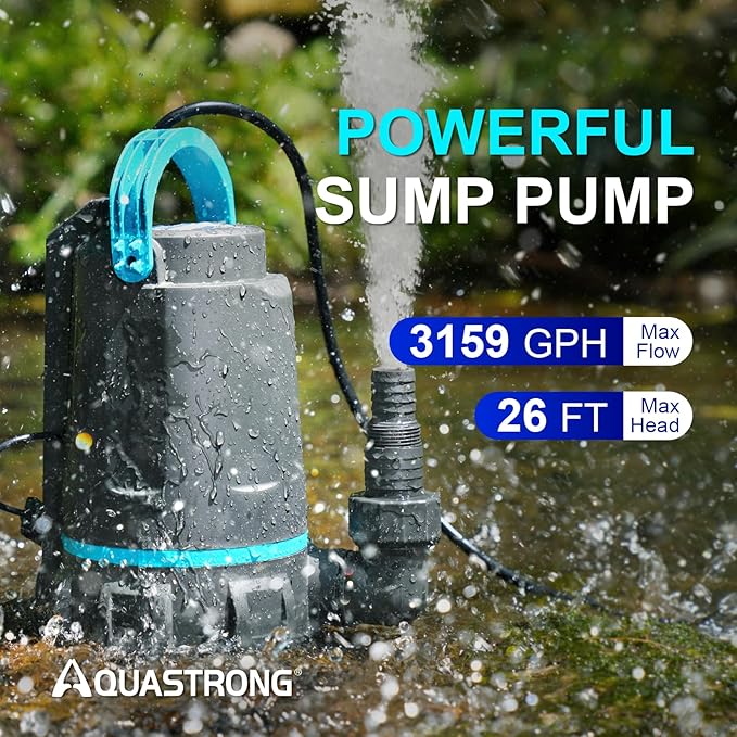 Aquastrong Automatic Sump Pump, 1/2 HP 3159 GPH Submersible Water Pump, Utility Pump High Flow Water Removal for Swimming Pool, Garden Pond, Basement, Window Wells with 10ft Long Power Cord