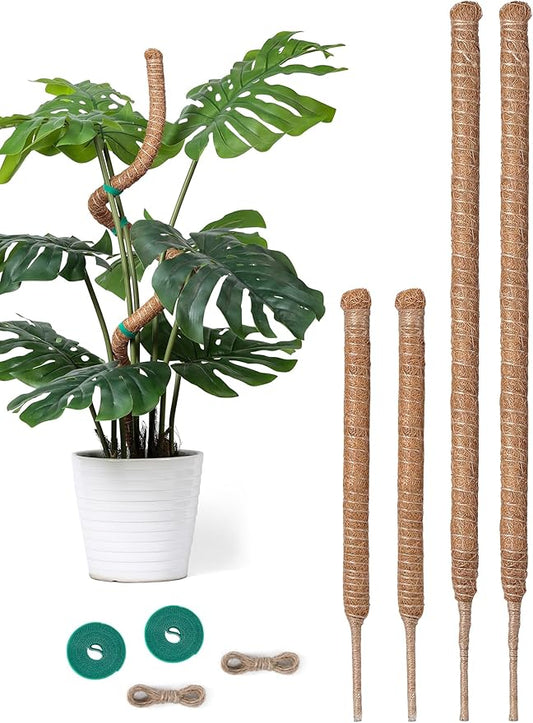 4 Pack Moss Pole Monstera Plant Support, 2 Pack 28" & 2 Pack 48" Bendable Plant Stakes Made of Real Coco Coir Support for Climbing Indoor Plants, Tall Moss Stick Trellis for Potted Climbers