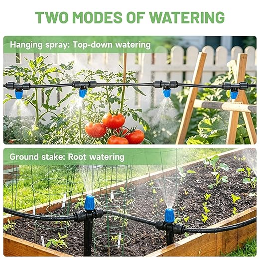 Riboud 165FT Drip Irrigation Kit, Quick-Connect Garden Watering System with 30 Adjustable Misting Nozzles for Garden Greenhouse, Hanging Plants, Raised Beds