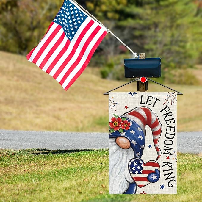 Heyfibro Let Freedom Ring Gnome Patriotic Garden Flag 12x18 Double Sided Burlap, 4th Of July Fireworks Red Flower Heart Pattern Yard Flags for Rustic Independence Day Outdoor Decor (ONLY FLAG)