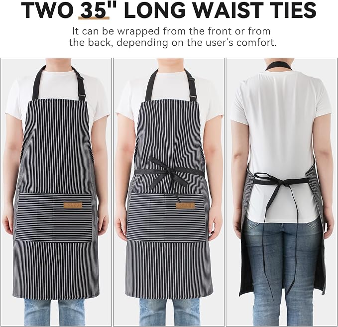 NLUS 2 Pack Kitchen Cooking Aprons, Adjustable Bib Soft Chef Apron with 2 Pockets for Men Women (Black Pinstripes)