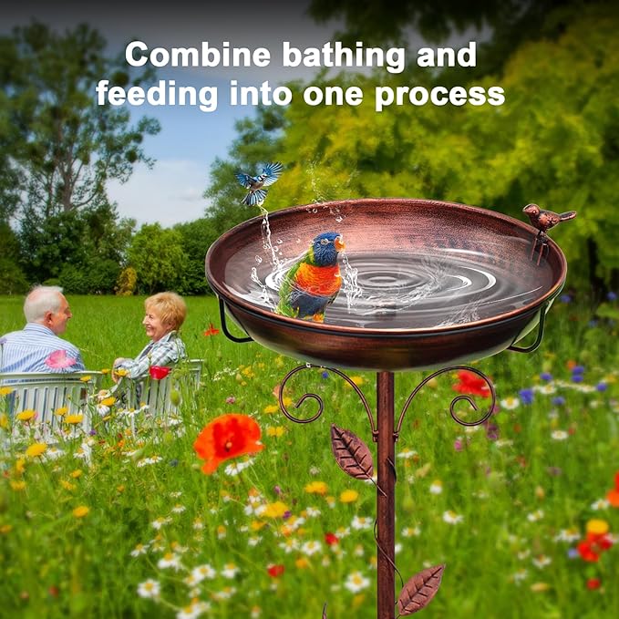 Bird Bath for Outside, 2 Bird Decor, Hummingbird on Pole & Sparrow on Bowl, 38.5 Inch Height Garden Birdbaths, 12 Inch Antique Bronze Freestanding Birdfeeder Bath for Yard Patio