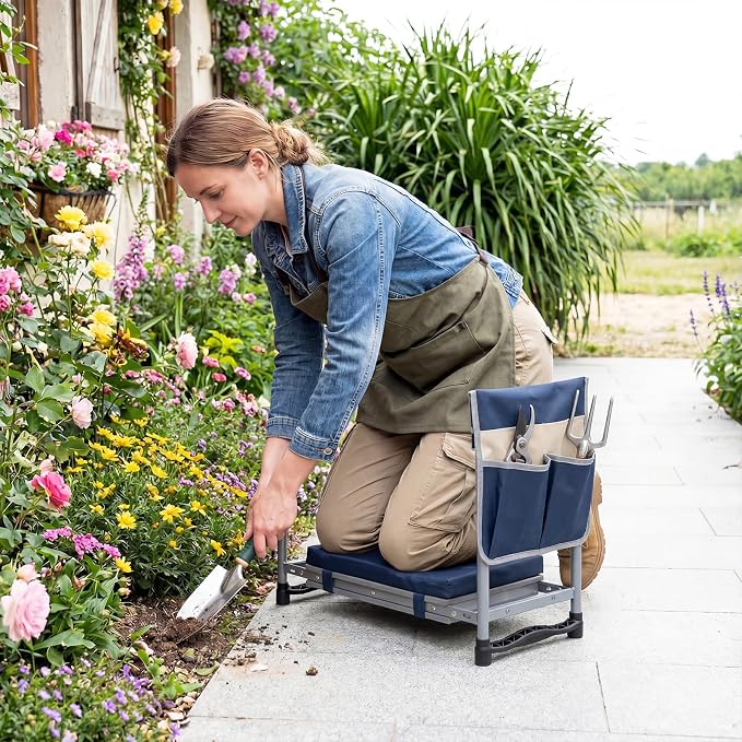 Goplus Foldable Garden Kneeler and Seat, 11" Wide 2-in-1 Gardening Bench, Detachable Thick EVA Foam Pad, 350 lbs Heavy-Duty Metal Frame, Tool Pouch, Portable Stool, Gardening Kit for Seniors (Blue)