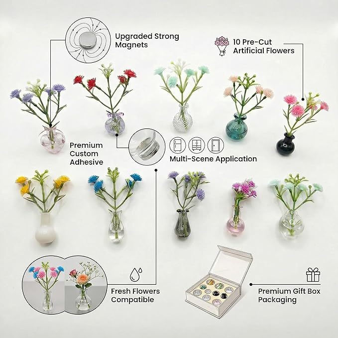 10-Pack Magnetic Mini Bud Vases Gift Set for Mom - Mixed Glass Decor for Fridge and Locker - Heavy-Duty Magnets - Small for Women, Teachers and Coworkers