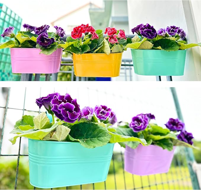 LaLaGreen Rail Planter (11.8 Inch, 6 Pack) Colorful Outdoor Hanging Flower Metal Planters Railing Fence Balcony Gardening for Apartment Patio Modern Garden Style Iron Deck Decoration Porch Decor Pots