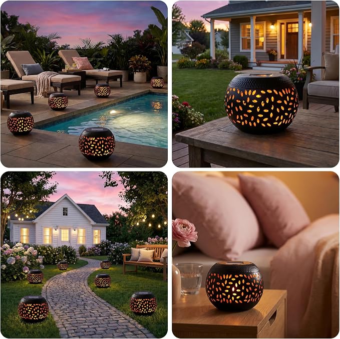 Solar Table Lantern Outdoor Waterproof-Dancing Flickering Flame Solar Powered LED Light,Black Metal Desktop Decorative Lamp for Gifts for Women Mom Desk Patio Garden Yard Decor