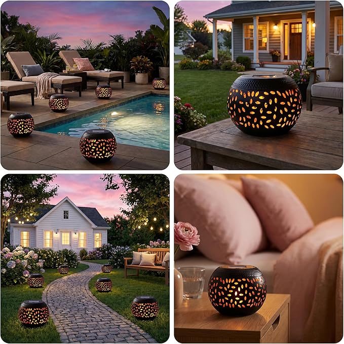 Solar Table Lanterns Outdoor Waterproof- 2 Pack Dancing Flickering Flame Solar Lights,Black Metal Desktop Decorative Lamps for Gifts for Women Mom Desk Patio Garden Yard Decor