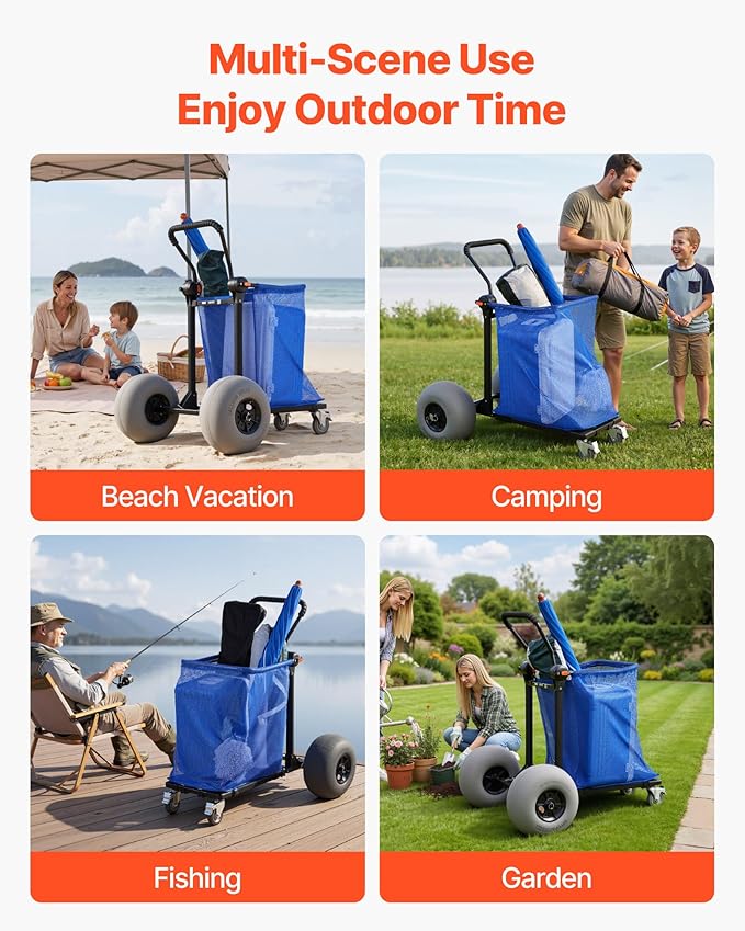 VEVOR Beach Cart with Large Wheels for Sand, 165 lbs Load Capacity, Heavy Duty Folding Beach Wagon with 12" Balloon Wheels, Storage Bag, 180° Adjustable Handlebar, Dolly for Camping Fishing Garden