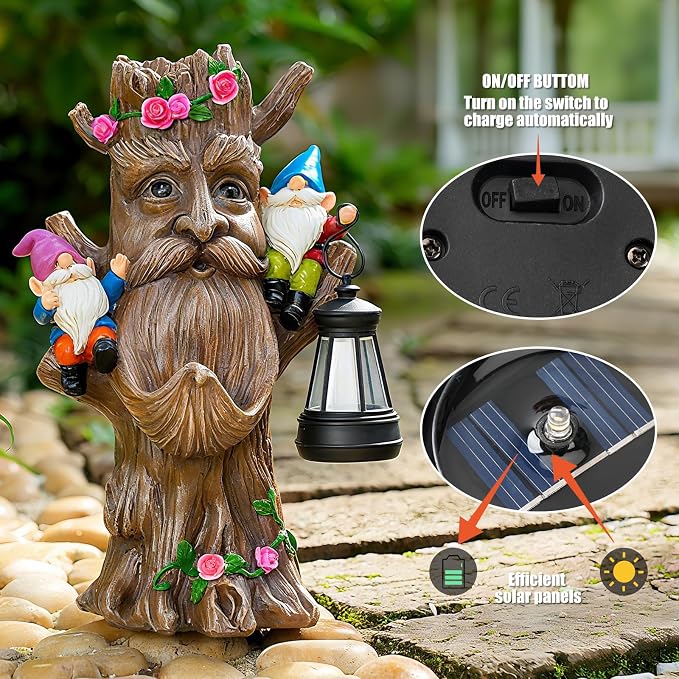 Joint Honglin Solar Tree Face Garden Statue with Lantern, Lighted Tree Gnome Garden Decor, Resin Forest Guardian Sculpture, Outdoor Waterproof Fairy Garden Decoration for Yard Lawn Patio Porch