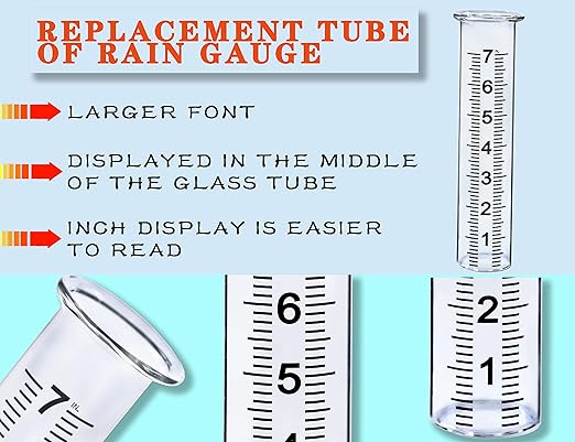 BIUWING 7" Capacity Glass rain Gauge Replacement Tube for Outdoors Yard Garden with Lip, Best Rated, Easy to Read (2 pcs)