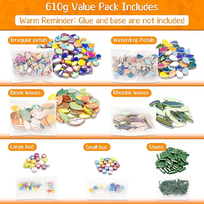 LOTOFUN Mosaic Tiles for Stepping Stones: Ceramic Iridescent 610g Mosaic Tiles for Crafts Bulk with Petals Centers Leaves Stem Decorative Flower Mosaic Supplies for DIY Garden Decor Mother’s Gift