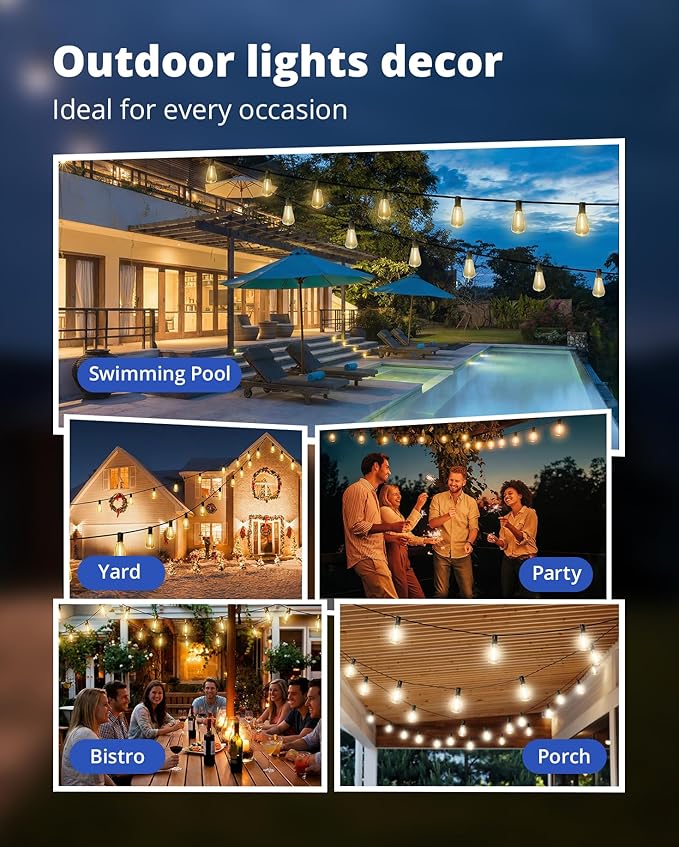VIPAR String Lights Outdoor 50FT LED Patio Lights Outdoor Waterproof with 25+2 Shatterproof ST38 Edison Bulbs, Outside Hanging Light for Porch, Garden, Backyard, Deck, Balcony, Decor, 2700K Dimmable
