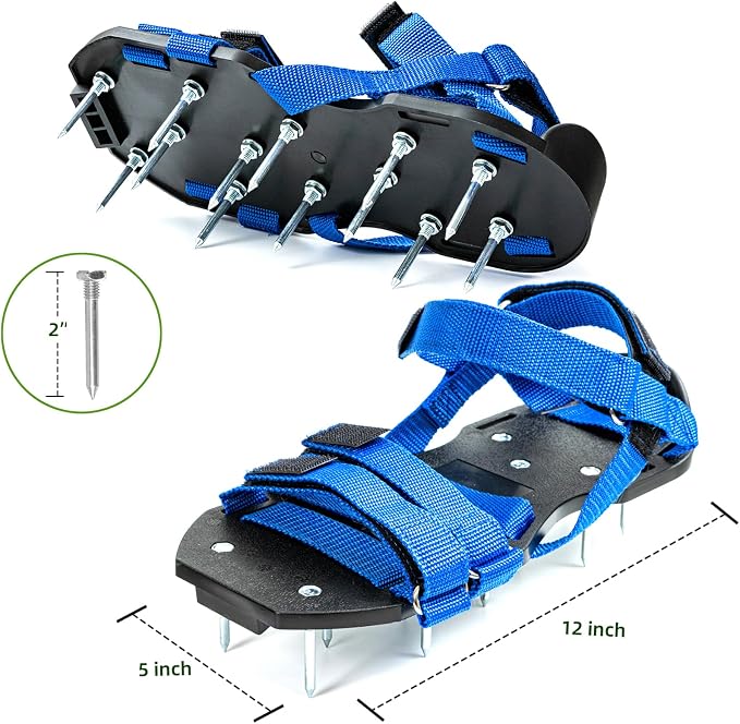 Lawn Aerator Shoes Pre-Assembled, Heavy Duty Lawn Spike Shoes with Adjustable Straps, Soil Aerating Tools for Yard Patio Garden, Includes Cleaning Shovel, Restores Lawn Health (Blue)