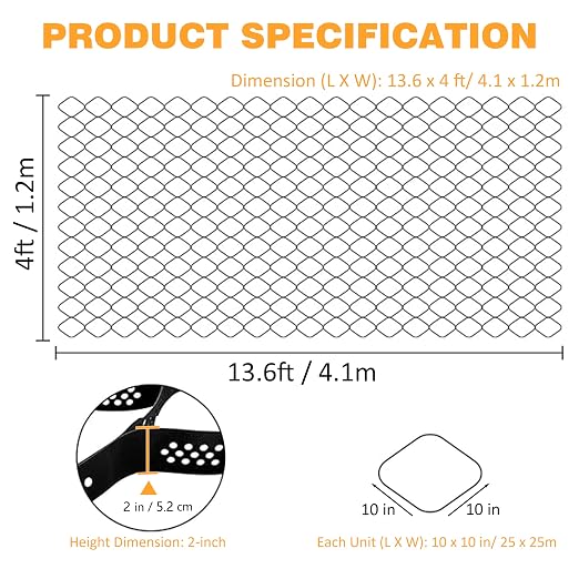 Sunnyglade 2" Thick Ground Grid 13.6 x 4 FT, Gravel Retainer 1880 LBS Per Sq ft, Geo Grid Driveway Stabilization for DIY Patio Walkway Driving RV Parking Slopes and Garden (Black, 4 x 13.6 FT)