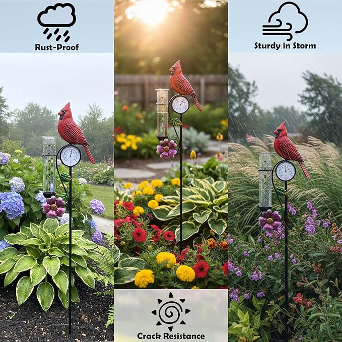 40" Garden Rain Gauge - 7" Glass Tube for Outdoor Indoor Use, Patio Yard Decor Statue,Metal Red Bird Rain Gauge.