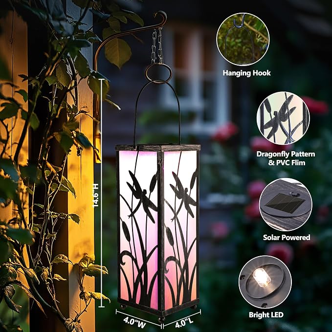 ODEETRONIC Solar Lantern Light, Hanging Dragonfly Lantern with Colorful Film Shade, Metal Solar Tabletop Light Warm White LED Outdoor Garden Lighting Waterproof for Patio Pathway Porch Balcony Decor