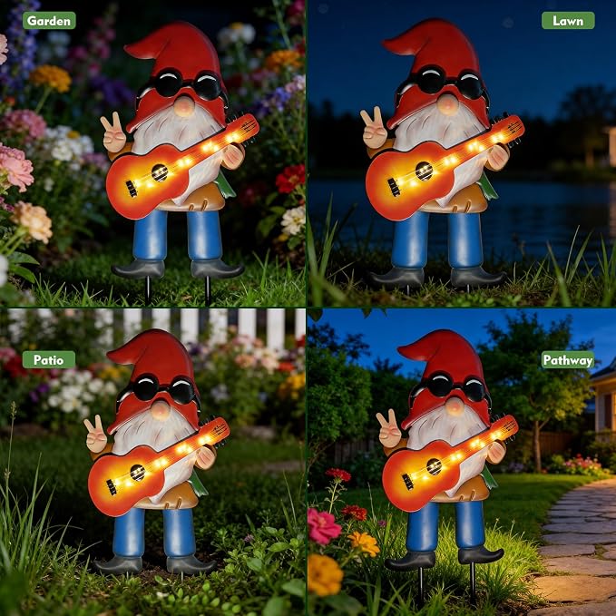 HONGLAND 28" Solar Garden Gnome Decor with Light Up Guitar - Outdoor Decorative Stake for Patio, Yard & Lawn | Unique Rock Music Gnome Decor