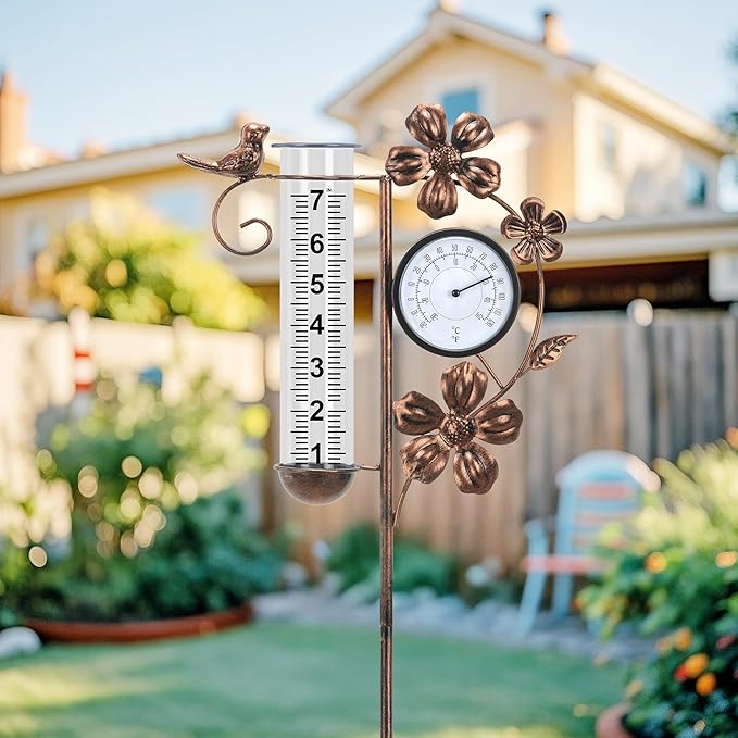 shumi Rain Gauge Outdoor with Thermometer Garden Decor, Bird and Flower Decorative Outdoor Rain Gauges for Yard Patio Lawn, Gardening Gifts for Women