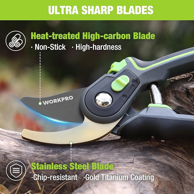 WORKPRO Bypass Pruning Shears, 9" Professional Garden Shears with Adjustable Handle Span, Premium Steel Garden Clippers, Titanium Coated Garden Tool, Cuts Up to 3/4 Inch