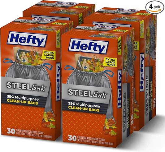 Hefty Steelsak Heavy Duty Large Trash Bags,Gray,Unscented,39 Gallon,30 Count (Pack of 4)