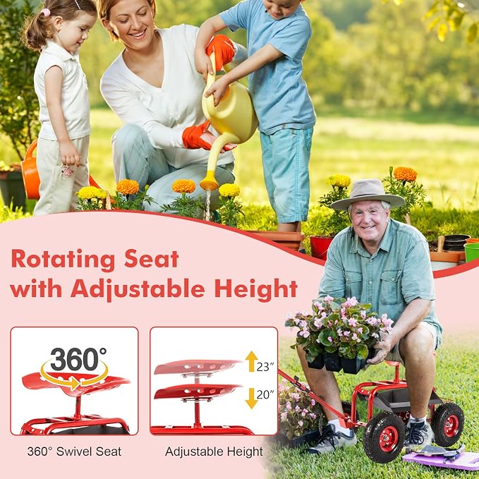 J-Sun-7 Garden Cart with Seat - Steel Rolling Garden Scooter Stool with Wheels, 360 Degree Swivel Work Seat, Adjustable Handle, Tool Tray, Basket, Gardening Stools for Seniors, Red
