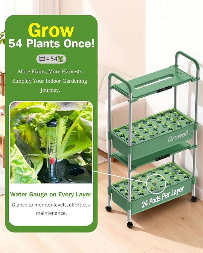 Growell Large Hydroponics Growing System Kit, 54 Pods Vertical Indoor Herb Garden Kit with LED Grow Light & Independent Water Pump, 28L Movable Indoor Planter Perfect Gardening Gifts (2 Tier-Green)