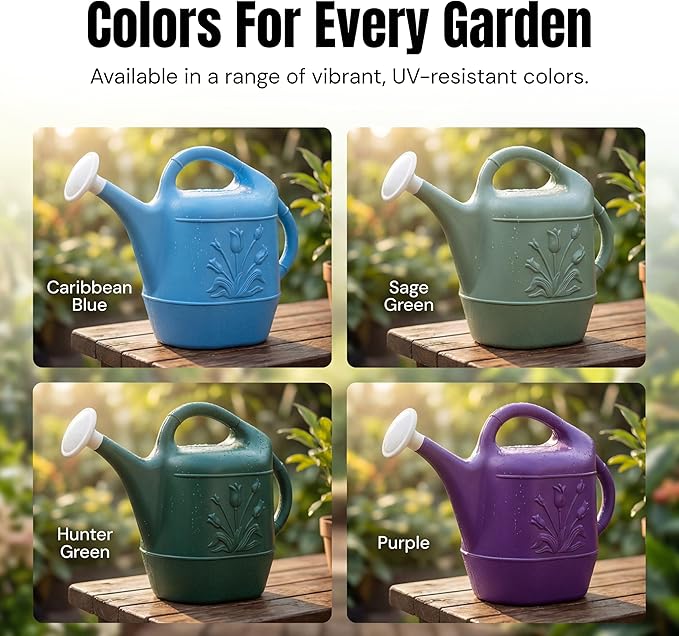 PMU 2 Gallon Watering Can - Garden Watering Can for Indoor & Outdoor Plants - Plastic Water Can with Detachable Sprinkler Head - Large Water Pot, Made in USA - Hunter Green Pkg/1