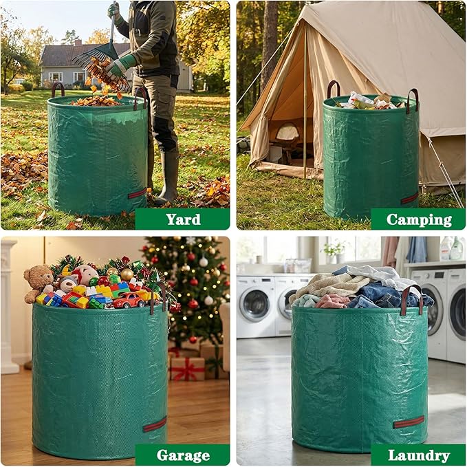 FEED GARDEN 72 Gallon Reusable Yard Waste Bags, 3 Pack Heavy Duty Garden Waste Bags with Plastic Ring, Stand Upright Lawn & Leaf Bags with 4 Reinforced Handles, Includes Gardening Gloves